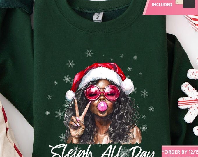 Retro Pink Santa Bubble Gum Christmas Sweatshirt, Christmas Shirt, Black Santa Girly Christmas, Funny Christmas Gift, Trendy Christmas