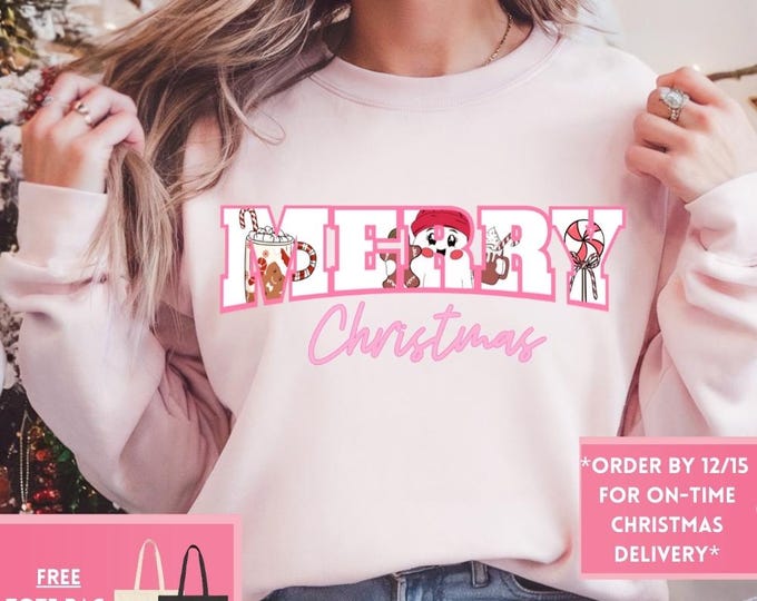 Preppy Merry Christmas Retro Christmas Sweatshirt, Christmas Shirt, Girly Christmas, Funny Christmas Gift, Trendy