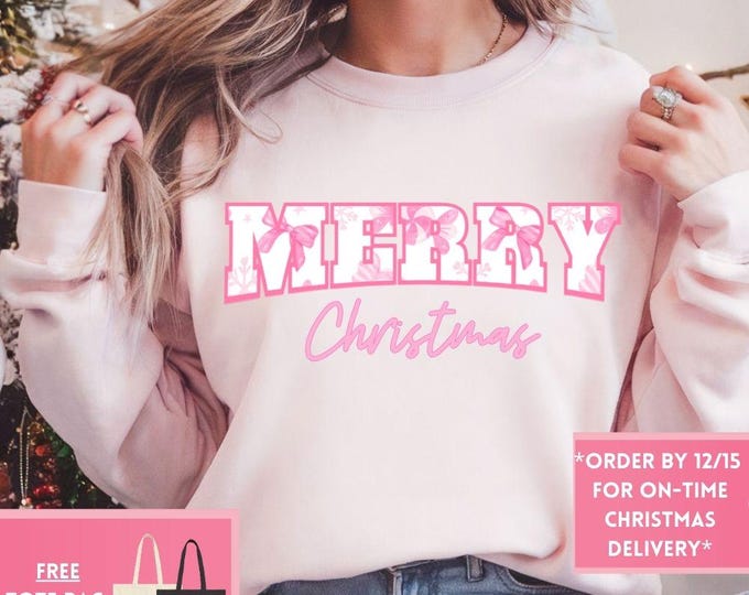 Preppy Merry Christmas Retro Christmas Coquette Bow Sweatshirt, Christmas Shirt, Girly Christmas, Funny Christmas Gift, Trendy
