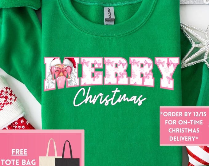 Preppy Merry Christmas Retro Christmas Coquette Bow Santa Clause Sweatshirt, Christmas Shirt, Girly Christmas, Funny Christmas Gift, Trendy