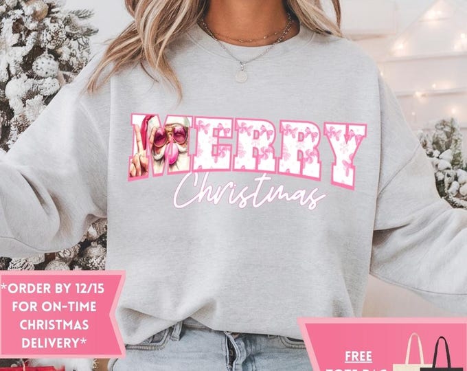 Merry Christmas Retro Christmas Coquette Bow Santa Clause Sweatshirt, Christmas Shirt, Girly Christmas, Funny Christmas Gift, Trendy Shirts