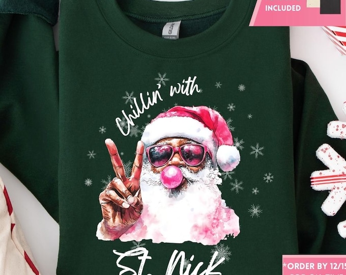 Retro Black Santa Bubble Gum Christmas Sweatshirt, Christmas Shirt, Girly Christmas, Funny Christmas Gift, Trendy Christmas Sweater