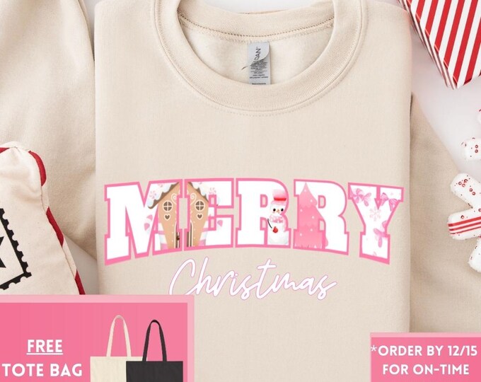 Preppy Merry Christmas Sweatshirt – Retro Girly Holiday Shirt, Funny Gingerbread Snowman Design, Trendy Christmas Gift for Her