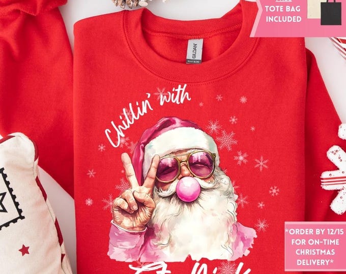 Retro Pink Santa Bubble Gum Christmas Sweatshirt, Christmas Shirt, Girly Christmas, Funny Christmas Gift, Trendy Christmas Sweater
