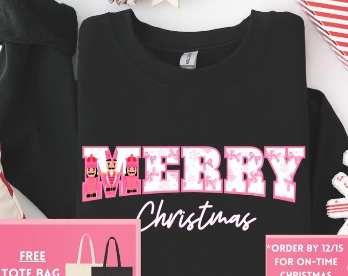 Preppy Nutcracker Merry Christmas Sweatshirt – Retro Coquette Bow Design, Girly Holiday Shirt, Funny Christmas Gift, Trendy Apparel