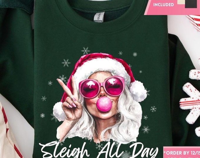 Retro Pink Santa Bubble Gum Christmas Sweatshirt, Christmas Shirt, Girly Christmas, Funny Christmas Gift, Trendy Christmas Sweater