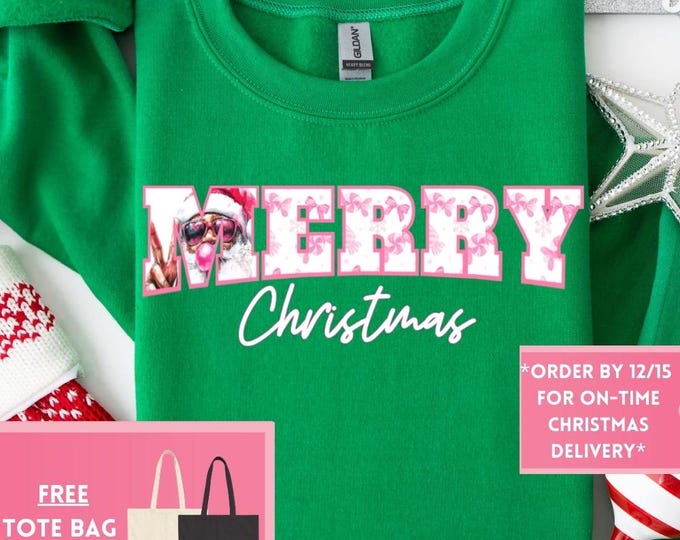 Merry Christmas Retro Christmas Coquette Bow Black Santa Clause Sweatshirt, Christmas Shirt, Girly Christmas, Funny Christmas Gift, Trendy