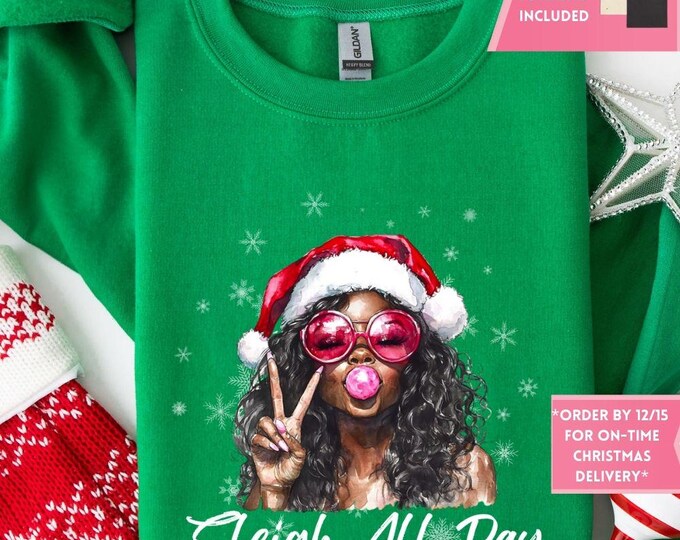 Retro Pink Santa Bubble Gum Christmas Sweatshirt, Christmas Shirt, Black Santa Girly Christmas, Funny Christmas Gift, Trendy Christmas