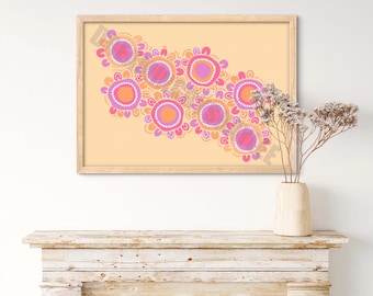 May include: A framed print with a peach background and a pattern of pink and orange circles with white dots. The circles are arranged in a curved line.