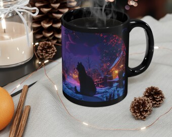 Cat Coffee/Tea Cup, 11oz, 15oz, Gift for Her/Him, Magically Glowing Village Mug, Perfect Gift, Fantasy Mug/Cup, Ceramic Mug