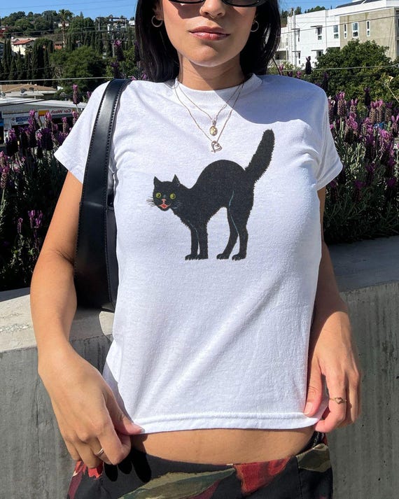 Y2K Black Cat Baby Tee, Vintage Halloween Tshirt
