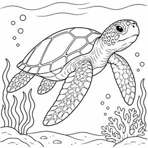 May include: A black and white line art illustration of a sea turtle swimming underwater. The turtle features a detailed shell pattern and textured flippers. The scene includes floating bubbles, wavy seaweed, and coral on the sandy ocean floor.