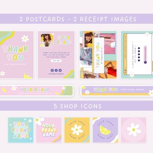 The postcards, receipt banners and shop icons templates included in the Rainbow Etsy Kit