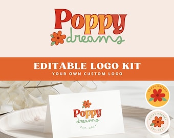 Etsy Retro Logo Design - Editable in Canva Logo, Customizable Logo, Flowers cute Aesthetic Branding for small business shop
