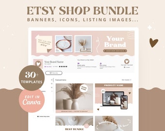 Etsy Shop Kit Milk & Peaches Bundle - Editable Canva Templates, Etsy Shop Banner Listing Images, Beige Aesthetic Branding for small business