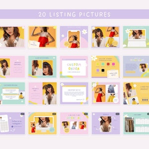 Display of the 20 customisable listing pictures for your Etsy Shop, editable with free Canvas version