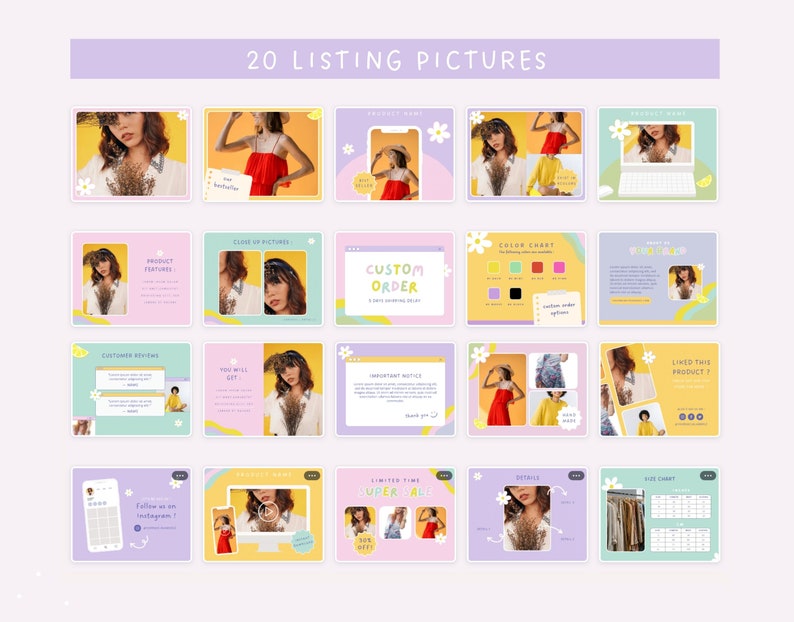 Display of the 20 customisable listing pictures for your Etsy Shop, editable with free Canvas version