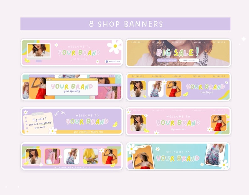 Display of the 8 customisable shop banners templates included in this Etsy kit