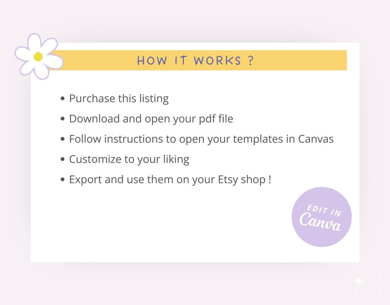 How an Etsy Kit works ?
1- Purchase this Listing. 2- Download and open the PDF file. 3- Follow instructions to import the templates in Canvas. 4- Customize to your liking. 5- Export and use them on your Etsy Shop !