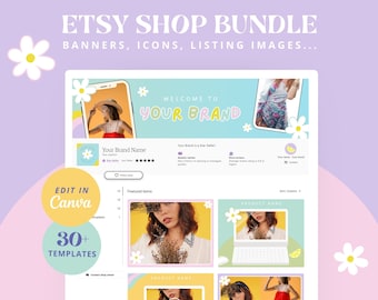 Bundle rétro pastel de kit de la boutique Etsy - modèles de toile modifiables, images de liste de bannière de boutique Etsy, couleurs arc-en-ciel fraîches Esthétique de marque