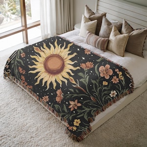 Celestial Sun Flower Woven Blanket: Cottagecore Home Decor