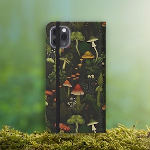 Funda tipo billetera para iPhone con diseño de bosque de setas, funda de cuero vegano con tapa para teléfono, almacenamiento de tarjetas y soporte, accesorios estéticos divertidos y retro, funda para teléfono