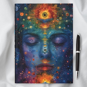 May include: A colorful, abstract painting of a face with a third eye in the center of the forehead. The face is surrounded by a galaxy of stars and planets. The colors are vibrant and the painting is full of detail.