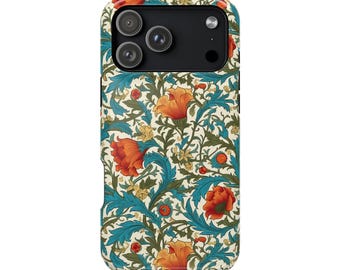 May include: A phone case with a floral pattern featuring orange flowers, teal leaves, and a cream background. The case has a black camera module with three lenses. The design is a repeating pattern of stylized flowers and foliage.