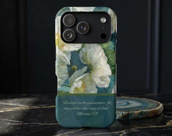 White Poppies William Morris iPhone Case, Scripture Verse, MagSafe Compatible, Christian Gift