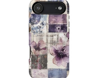 May include: A floral phone case featuring a patchwork design with watercolor-style flowers in shades of purple, lavender, and blue. The case has a black camera cutout and a protective bumper.