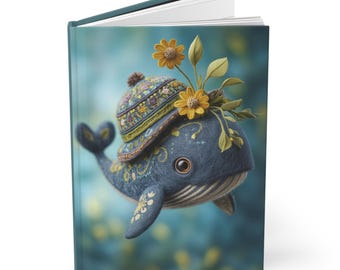 May include: A hardcover journal featuring a whimsical illustration of a blue whale wearing a decorative hat adorned with yellow flowers and green leaves. The journal has a teal cover and blank pages.
