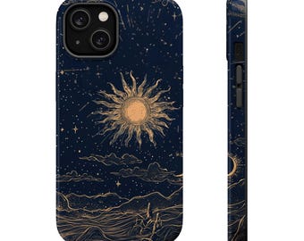 May include: A navy blue phone case featuring a celestial design. The case displays a golden sun, clouds, and stars against a dark blue background. The side view shows the same design with a crescent moon.