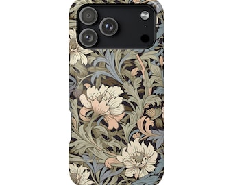 May include: A phone case featuring a floral pattern with cream, pink, and blue flowers and green leaves on a dark background. The case has a black camera module with three lenses.