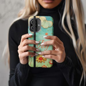 Funda tipo billetera para teléfono Samsung o iPhone de piel vegana con diseño de alegría caprichosa con flores y estrellas, funda tipo billetera colorida en turquesa y verde