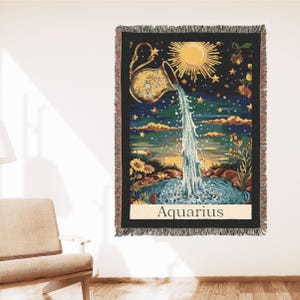 Aquarius Zodiac Tapestry Blanket: 100% Cotton Woven Celestial Throw