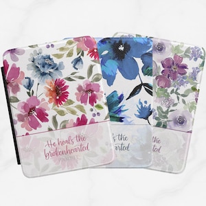 Christian Kindle Case, He Heals the Brokenhearted, Psalm 147 Gift, Sympathy Gift Reader, Blue Floral Kindle Cover, Scripture Book Lover