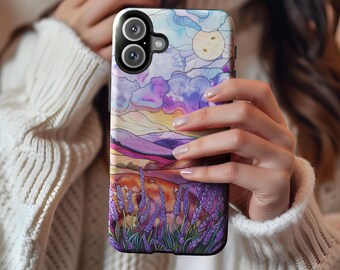 iPhone 17 Mosaic Lavender Field iPhone Case: Stained Glass Nature, MagSafe Cover