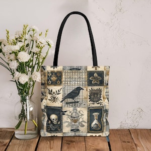 Gothic Crow Print Tote Bag – Designer Tote Bag, Durable Bag, Reusable Bag, Dark Aesthetic, Available in 3 Sizes, Everyday Use