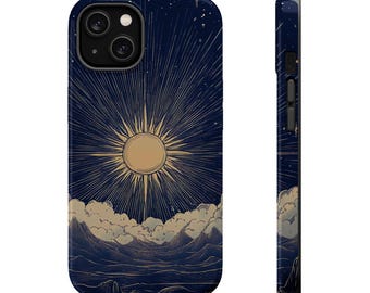 May include: A phone case featuring a celestial design. The case has a navy blue background with a gold sunburst design, clouds, and mountains. The side view shows the case's thickness and button placement.