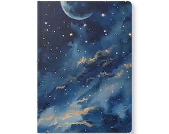 May include: A hardcover notebook with a celestial design. The cover features a dark blue night sky with a large moon, stars, and gold-colored clouds. The notebook is rectangular and appears to be new.