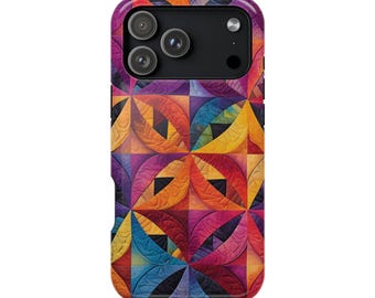 May include: A colorful phone case with a geometric pattern. The design features a repeating pattern of curved shapes in shades of orange, yellow, purple, and blue. The case has a glossy finish and a camera cutout.