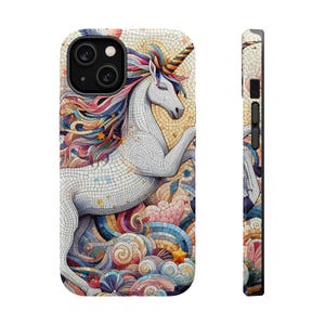 Schattig MagSafe-mozaïek eenhoorn iPhone 16-hoesje, beschermende telefoonhoes, uniek iPhone-accessoire, leuk technisch cadeau, MagSafe-telefoonhoesje