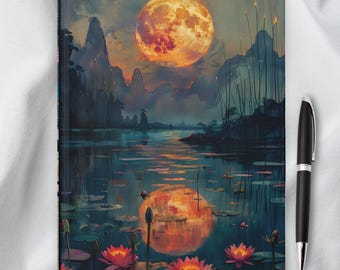 Full Moon Water Lily Journal: Lined Notebook, Mountain Lake Scene