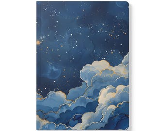 May include: A hardcover notebook featuring a celestial design. The cover showcases a dark blue night sky with white stars and gold accents. Fluffy blue and white clouds with gold outlines are at the bottom of the cover.