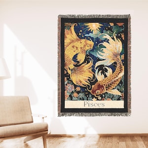100% Cotton Pisces Woven Tapestry Blanket Zodiac Throw, Astrology Home Decor, Celestial Throw, Horoscope Bedding, Star Sign Gift