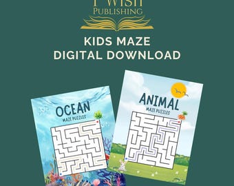 May include: Two digital download kids maze puzzles. One features an ocean theme with colorful coral and fish, the other an animal theme with a bunny and carrot. The top of the image reads "I Wish Publishing" and "Kids Maze Digital Download."