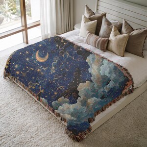 Celestial Moon and Clouds Woven Blanket: Cottagecore Tapestry