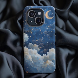Funda tipo cartera para iPhone 16, diseño de luna creciente, de cuero vegano, con diseño de noche estrellada, para iPhone y GalaxyPhone.