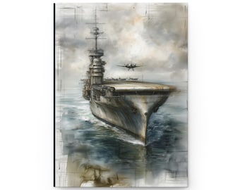 May include: A notebook featuring a vintage illustration of a warship at sea with a plane flying overhead. The artwork is in shades of gray, brown, and blue, with a textured, painterly style. The notebook's cover has a matte finish.