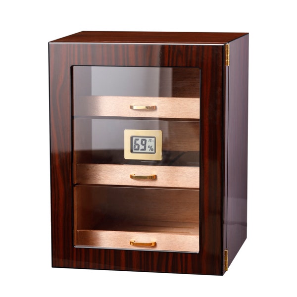 Cigar Humidor Cabinet with Digital Hygrometer and Crystal Gel Humidifiers, Gift for him, Tight-Seal Magnetic Door, Glossy Ebony Finish